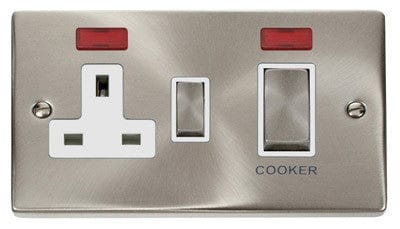 Satin Chrome Cooker Control Ingot 45A With 13A Switched Plug Socket & 2 Neons - White Trim - SE Home