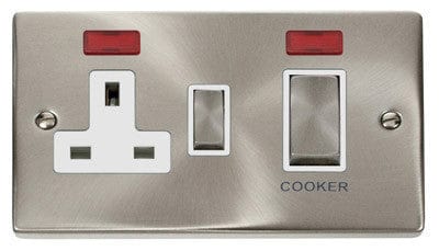 Satin Chrome - White Inserts Satin Chrome Cooker Control Ingot 45A With 13A Switched Plug Socket & 2 Neons - White Trim