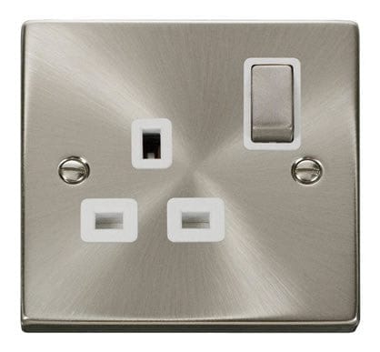 Satin Chrome - White Inserts Satin Chrome 1 Gang 13A DP Ingot Switched Plug Socket - White Trim