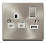 Satin Chrome 1 Gang 13A DP Ingot 1 USB Switched Plug Socket - White Trim - SE Home