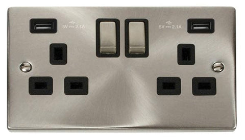 Satin Chrome - Black Inserts Satin Chrome 2 Gang 13A DP Ingot 2 USB Twin Double Switched Plug Socket - Black Trim