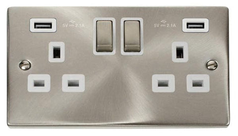 Satin Chrome - White Inserts Satin Chrome 2 Gang 13A DP Ingot 2 USB Twin Double Switched Plug Socket - White Trim