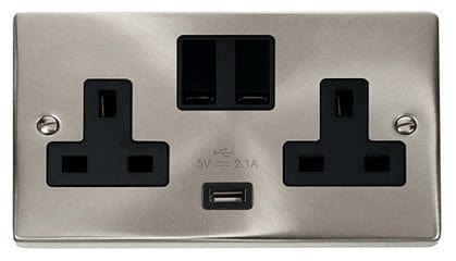 Satin Chrome - Black Inserts Satin Chrome 2 Gang 13A 1 USB Twin Double Switched Plug Socket - Black Trim