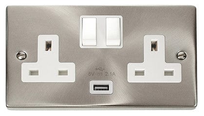 Satin Chrome - White Inserts Satin Chrome 2 Gang 13A 1 USB Twin Double Switched Plug Socket - White Trim