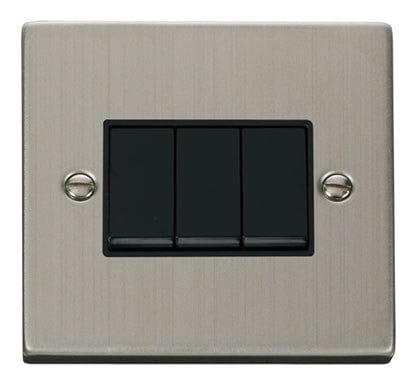 Stainless Steel - Black Inserts Stainless Steel 10A 3 Gang 2 Way Light Switch - Black Trim
