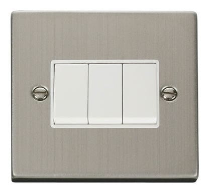 Stainless Steel - White Inserts Stainless Steel 10A 3 Gang 2 Way Light Switch - White Trim