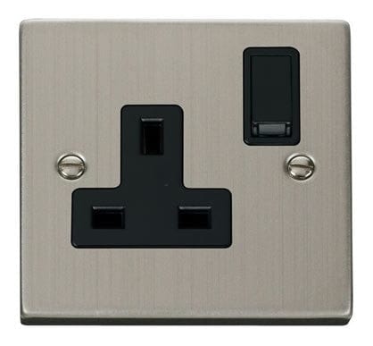Stainless Steel - Black Inserts Stainless Steel 1 Gang 13A DP Switched Plug Socket - Black Trim