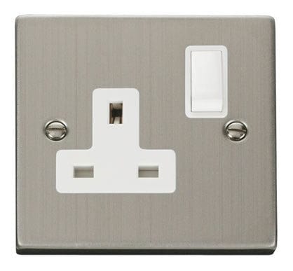 Stainless Steel - White Inserts Stainless Steel 1 Gang 13A DP Switched Plug Socket - White Trim