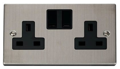 Stainless Steel - Black Inserts Stainless Steel 2 Gang 13A Twin Double Switched Plug Socket - Black Trim