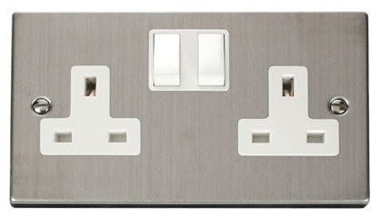 Stainless Steel - White Inserts Stainless Steel 2 Gang 13A Twin Double Switched Plug Socket - White Trim