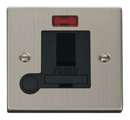 Stainless Steel - Black Inserts Stainless Steel 13A Fused Connection Unit Switched With Neon With Flex - Black Trim