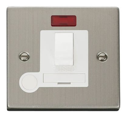 Stainless Steel - White Inserts Stainless Steel 13A Fused Connection Unit Switched With Neon With Flex - White Trim
