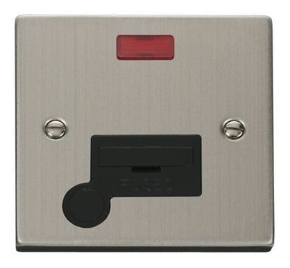 Stainless Steel - Black Inserts Stainless Steel 13A Fused Connection Unit With Neon With Flex - Black Trim