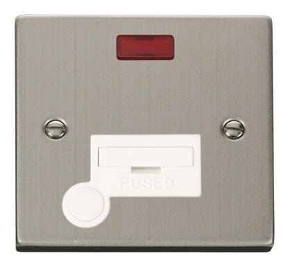 Stainless Steel - White Inserts Stainless Steel 13A Fused Connection Unit With Neon With Flex - White Trim