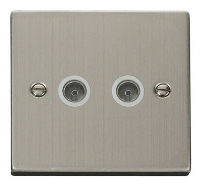 Stainless Steel - White Inserts Stainless Steel 2 Gang Twin Coaxial TV Socket - White Trim