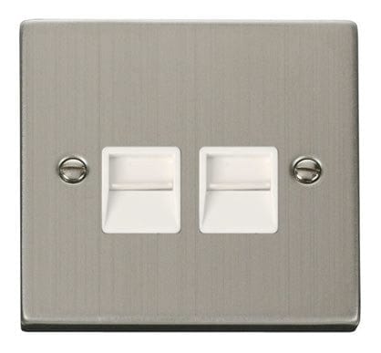 Stainless Steel - White Inserts Stainless Steel Master Telephone Twin Socket - White Trim
