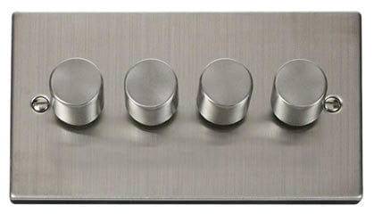 Stainless Steel - White Inserts Stainless Steel 4 Gang 2 Way LED 100W Trailing Edge Dimmer Light Switch