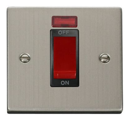 Stainless Steel - Black Inserts Stainless Steel 1 Gang Size 45A Switch With Neon - Black Trim