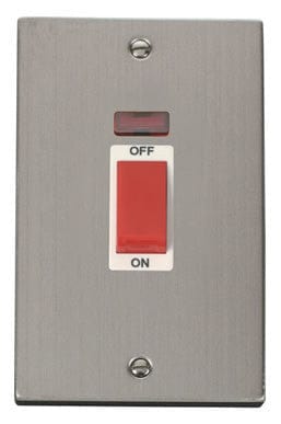 Stainless Steel - White Inserts Stainless Steel 2 Gang Size 45A Switch With Neon - White Trim