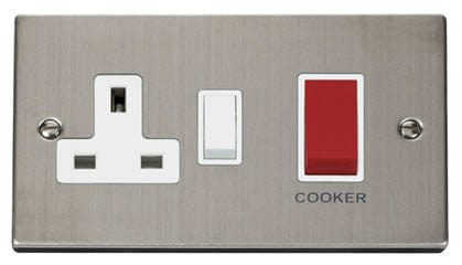 Stainless Steel - White Inserts Stainless Steel Cooker Control 45A With 13A Switched Plug Socket - White Trim