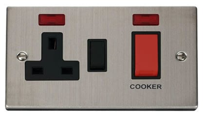 Stainless Steel - Black Inserts Stainless Steel Cooker Control 45A With 13A Switched Plug Socket & 2 Neons - Black Trim