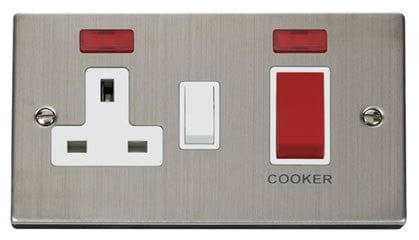 Stainless Steel - White Inserts Stainless Steel Cooker Control 45A With 13A Switched Plug Socket & 2 Neons - White Trim