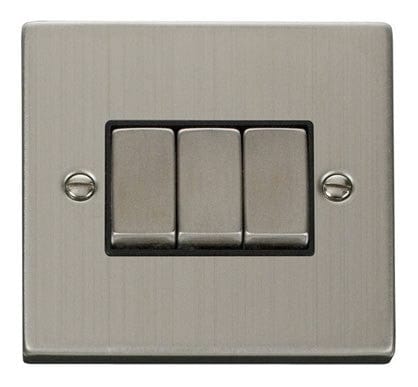 Stainless Steel - Black Inserts Stainless Steel 10A 3 Gang 2 Way Ingot Light Switch - Black Trim