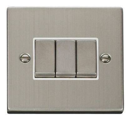 Stainless Steel - White Inserts Stainless Steel 10A 3 Gang 2 Way Ingot Light Switch - White Trim
