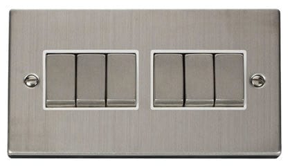 Stainless Steel - White Inserts Stainless Steel 10A 6 Gang 2 Way Ingot Light Switch - White Trim