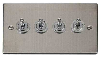 Stainless Steel - White Inserts Stainless Steel 4 Gang 2 Way 10AX Toggle Light Switch