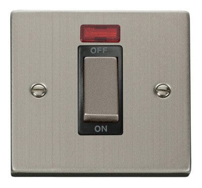 Stainless Steel - Black Inserts Stainless Steel 1 Gang Ingot Size 45A Switch With Neon - Black Trim