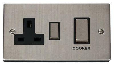 Stainless Steel - Black Inserts Stainless Steel Cooker Control Ingot 45A With 13A Switched Plug Socket - Black Trim