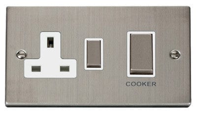 Stainless Steel - White Inserts Stainless Steel Cooker Control Ingot 45A With 13A Switched Plug Socket - White Trim