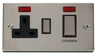 Stainless Steel - Black Inserts Stainless Steel Cooker Control Ingot 45A With 13A Switched Plug Socket & 2 Neons - Black Trim