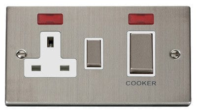 Stainless Steel - White Inserts Stainless Steel Cooker Control Ingot 45A With 13A Switched Plug Socket & 2 Neons - White Trim