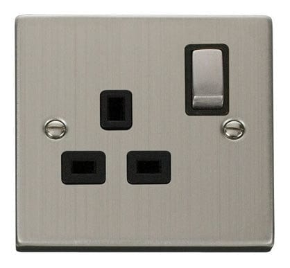Stainless Steel - Black Inserts Stainless Steel 1 Gang 13A DP Ingot Switched Plug Socket - Black Trim