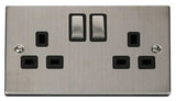 Stainless Steel - Black Inserts Stainless Steel 2 Gang 13A DP Ingot Twin Double Switched Plug Socket - Black Trim