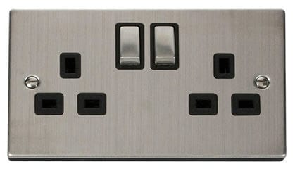 Stainless Steel 2 Gang 13A DP Ingot Twin Double Switched Plug Socket - Black Trim - SE Home