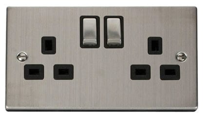 Stainless Steel - Black Inserts Stainless Steel 2 Gang 13A DP Ingot Twin Double Switched Plug Socket - Black Trim