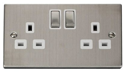 Stainless Steel 2 Gang 13A DP Ingot Twin Double Switched Plug Socket - White Trim - SE Home
