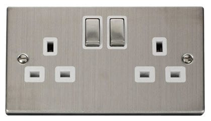 Stainless Steel - White Inserts Stainless Steel 2 Gang 13A DP Ingot Twin Double Switched Plug Socket - White Trim