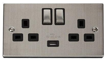 Stainless Steel 2 Gang 13A DP Ingot 1 USB Twin Double Switched Plug Socket - Black Trim - SE Home