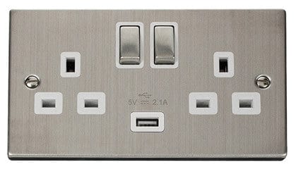 Stainless Steel 2 Gang 13A DP Ingot 1 USB Twin Double Switched Plug Socket - White Trim - SE Home