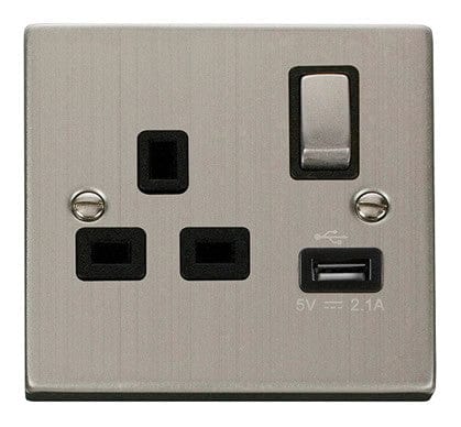 Stainless Steel - Black Inserts Stainless Steel 1 Gang 13A DP Ingot 1 USB Switched Plug Socket - Black Trim
