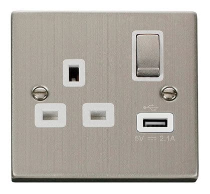 Stainless Steel - White Inserts Stainless Steel 1 Gang 13A DP Ingot 1 USB Switched Plug Socket - White Trim