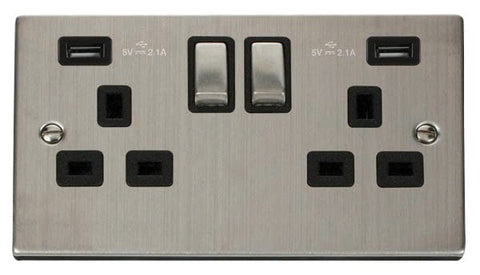 Stainless Steel 2 Gang 13A DP Ingot 2 USB Twin Double Switched Plug Socket - Black Trim - SE Home