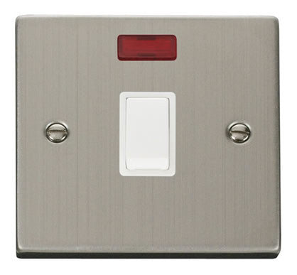 Stainless Steel - White Inserts Stainless Steel 1 Gang 20A DP Switch With Neon - White Trim