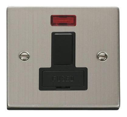 Stainless Steel - Black Inserts Stainless Steel 13A Fused Connection Unit Switched With Neon - Black Trim