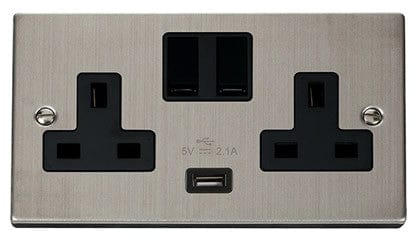 Stainless Steel - Black Inserts Stainless Steel 2 Gang 13A 1 USB Twin Double Switched Plug Socket - Black Trim