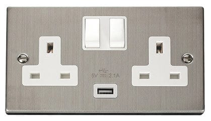 Stainless Steel - White Inserts Stainless Steel 2 Gang 13A 1 USB Twin Double Switched Plug Socket - White Trim